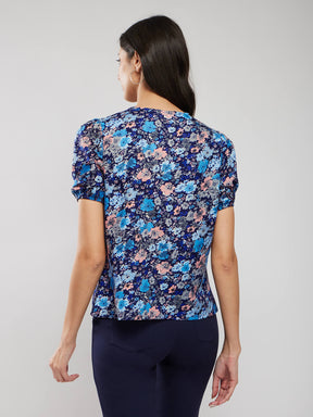 Puff Sleeves Floral Print Top - Navy Blue