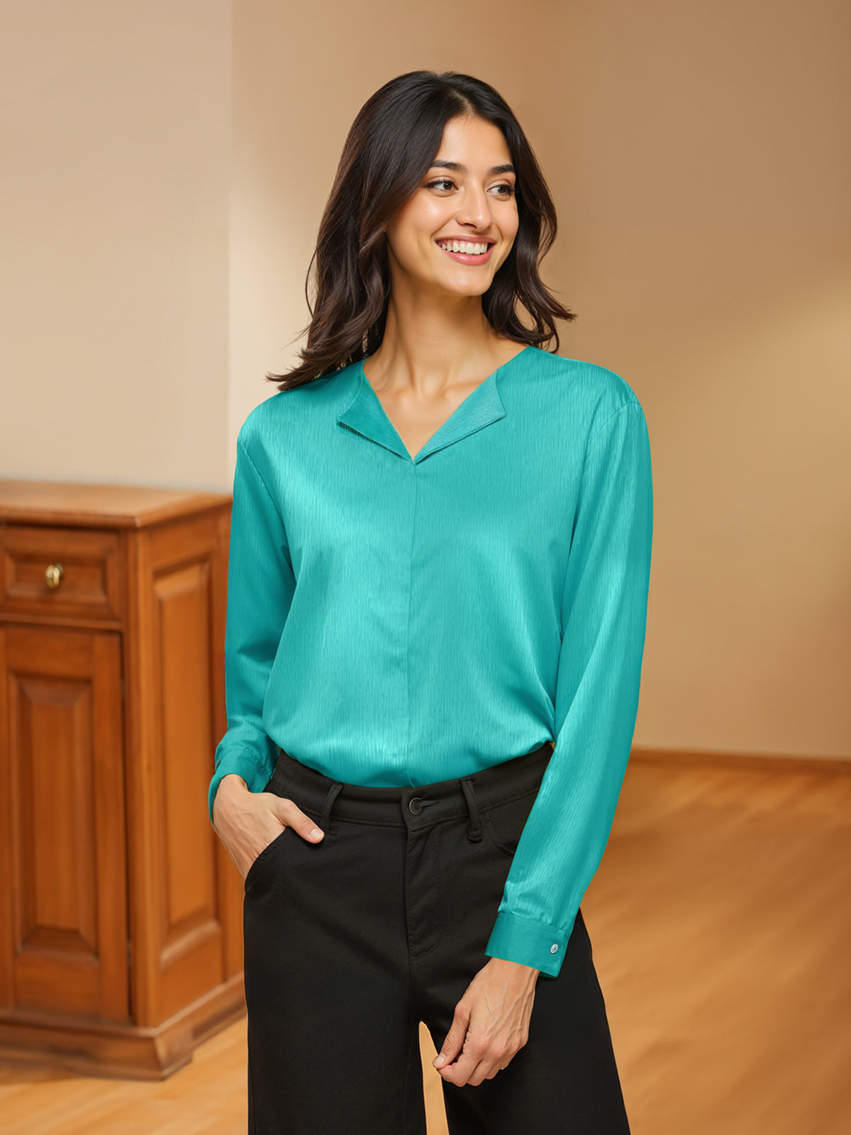 Satin Lapel Collar Top - Teal