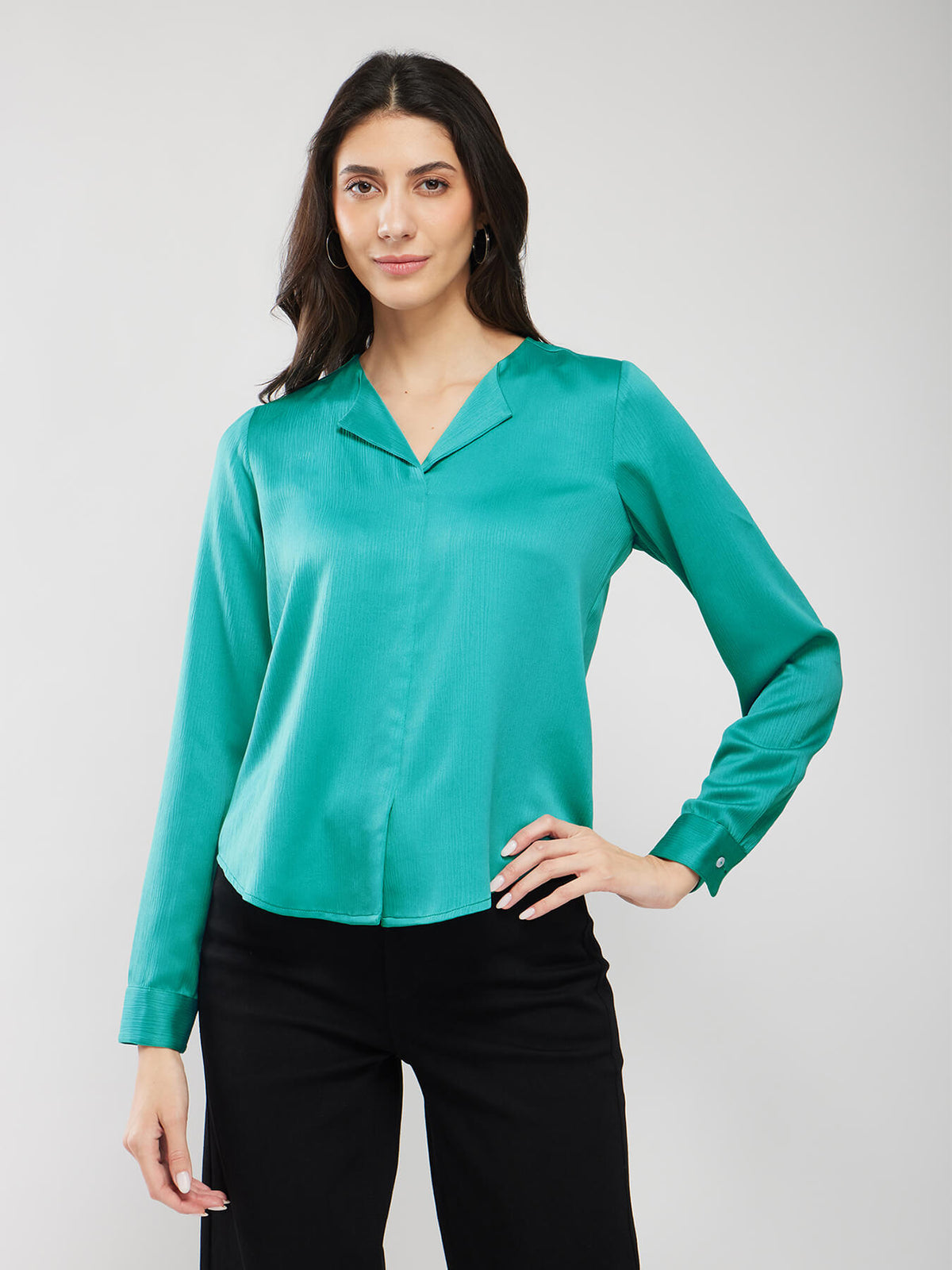 Satin Lapel Collar Top - Teal