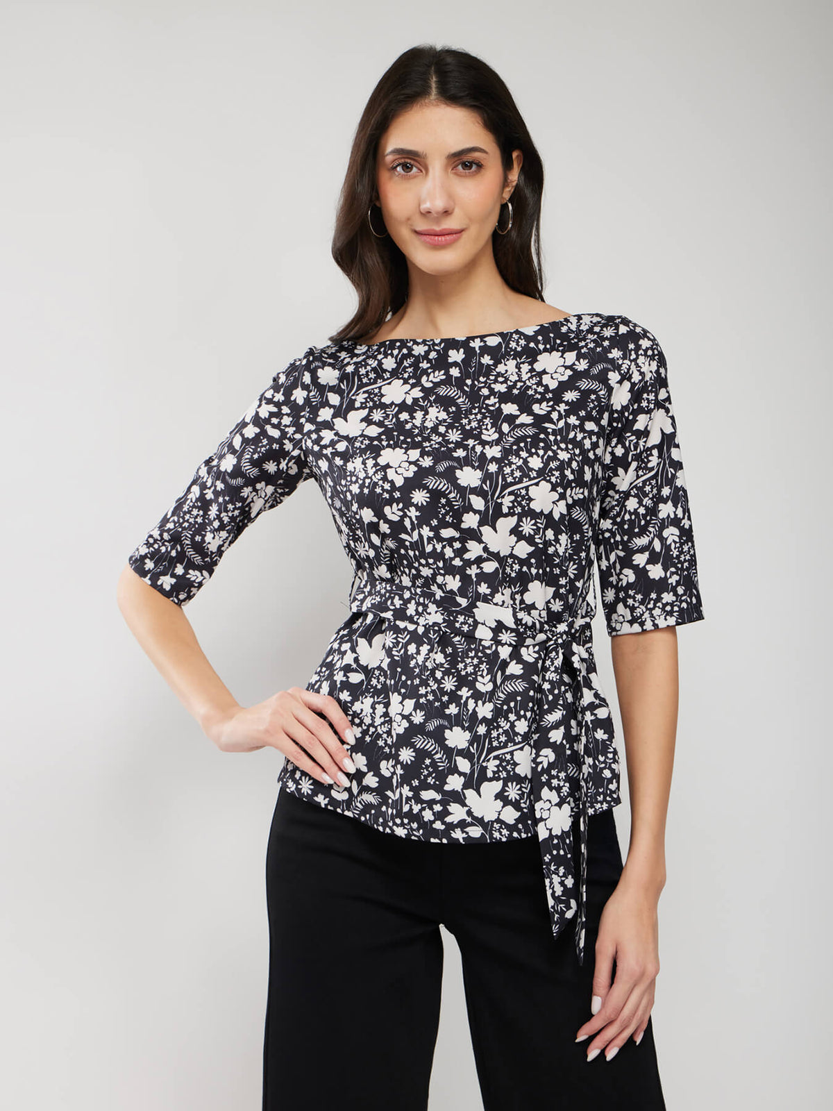 Boat Neck Floral Print Top - Black