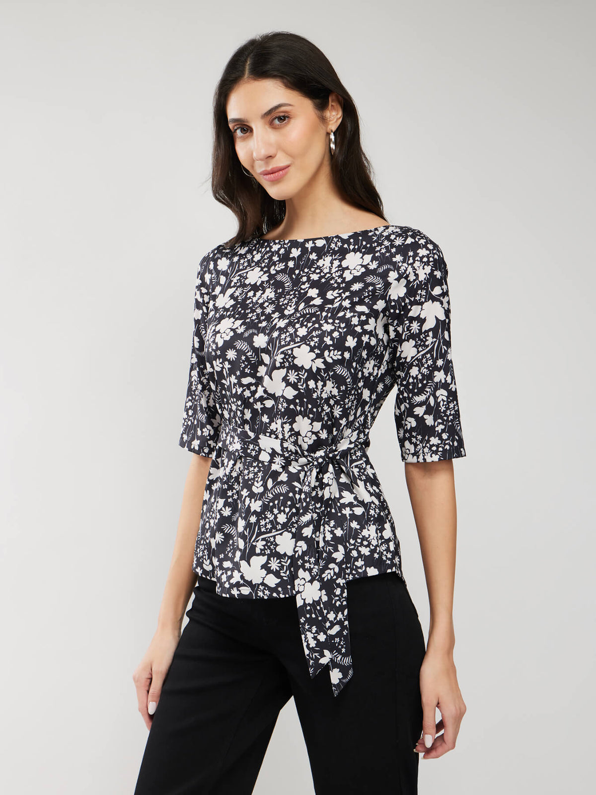 Boat Neck Floral Print Top - Black