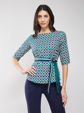 Boat Neck Geometric Print Top - Multicolour