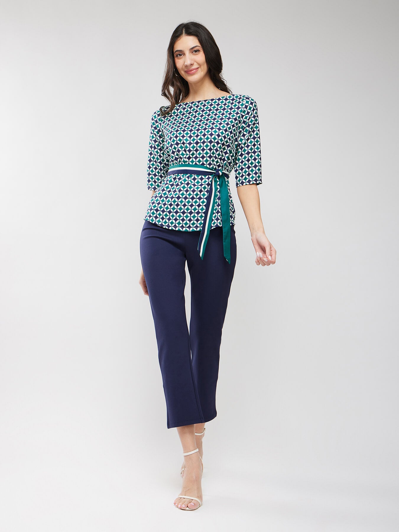 Boat Neck Geometric Print Top - Multicolour