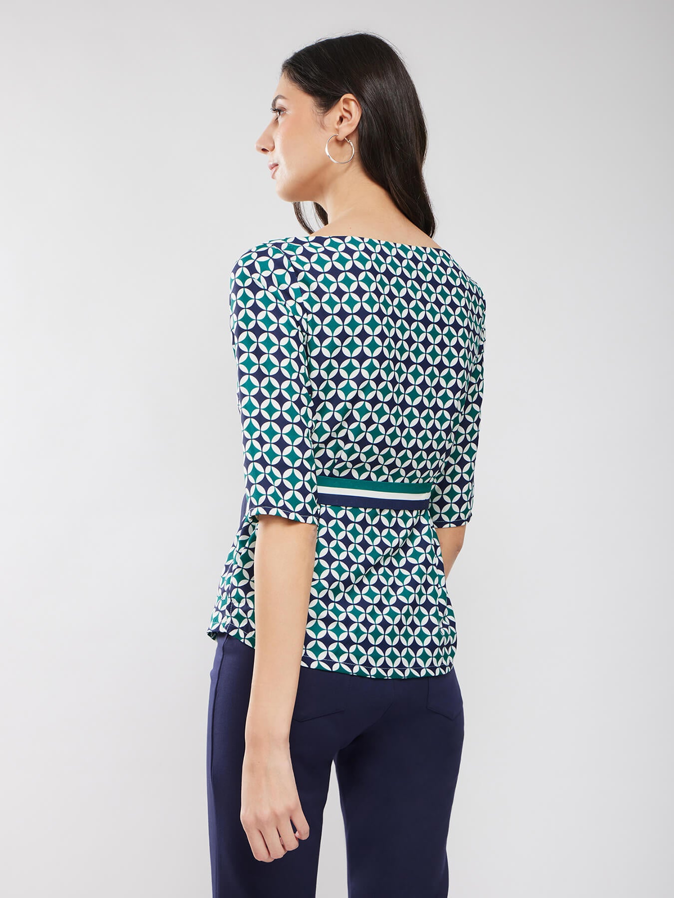 Boat Neck Geometric Print Top - Multicolour