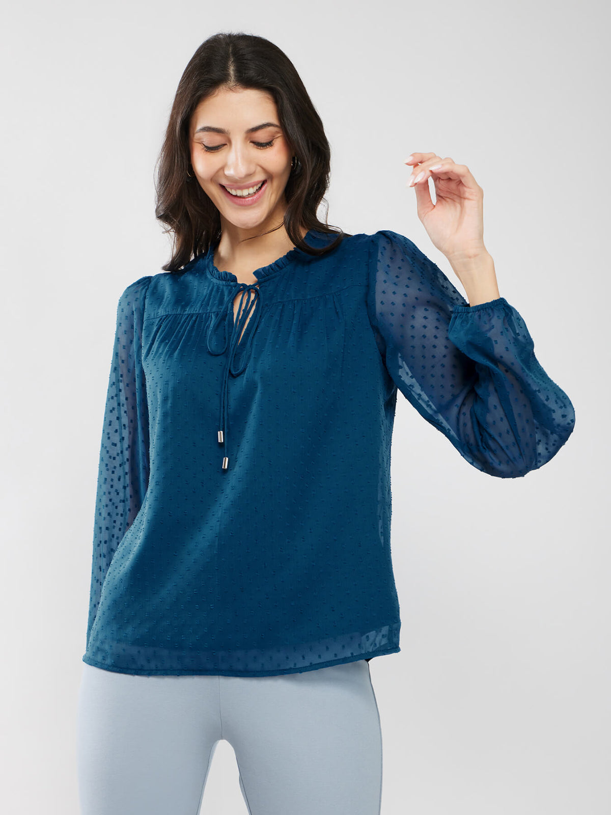 Chiffon Ruffle Neck Top - Teal