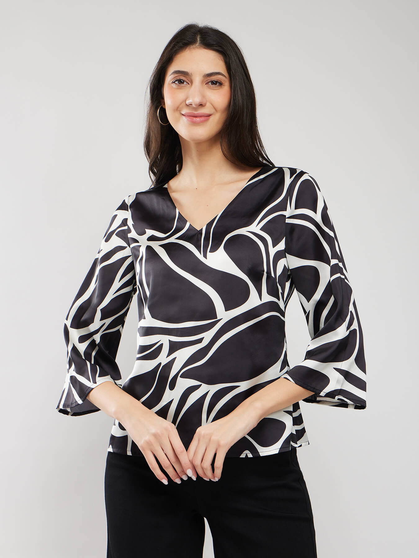 Satin Abstract Print Top - Black