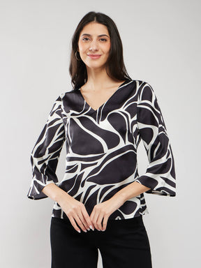 Satin Abstract Print Top - Black