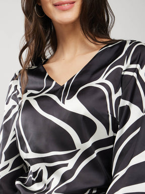 Satin Abstract Print Top - Black