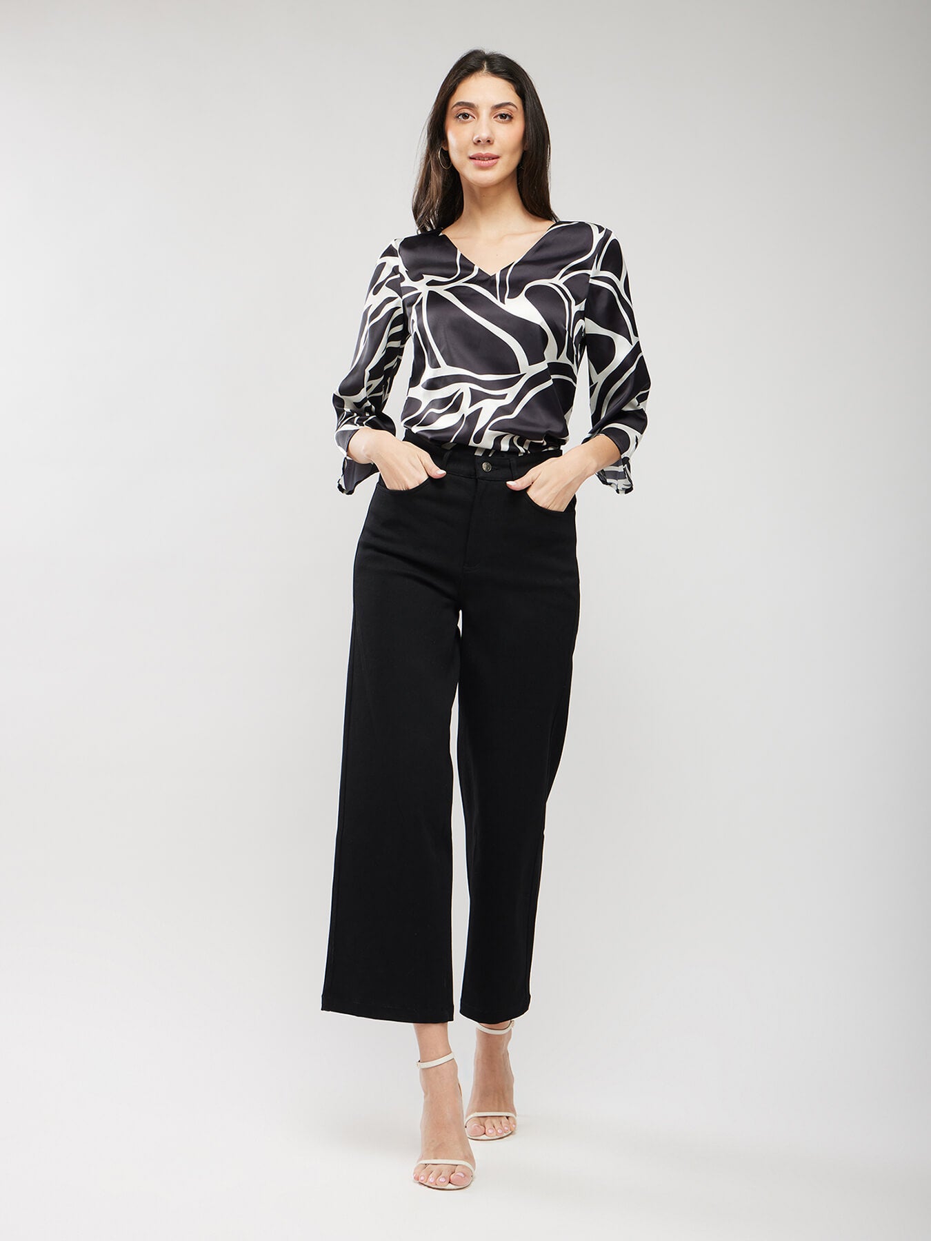 Satin Abstract Print Top - Black