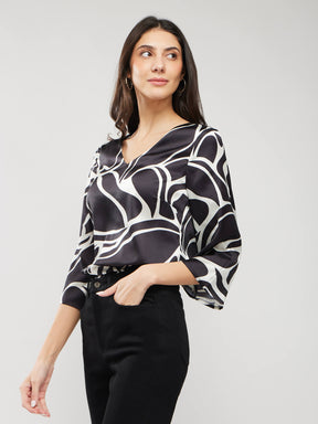 Satin Abstract Print Top - Black