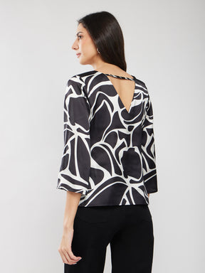 Satin Abstract Print Top - Black