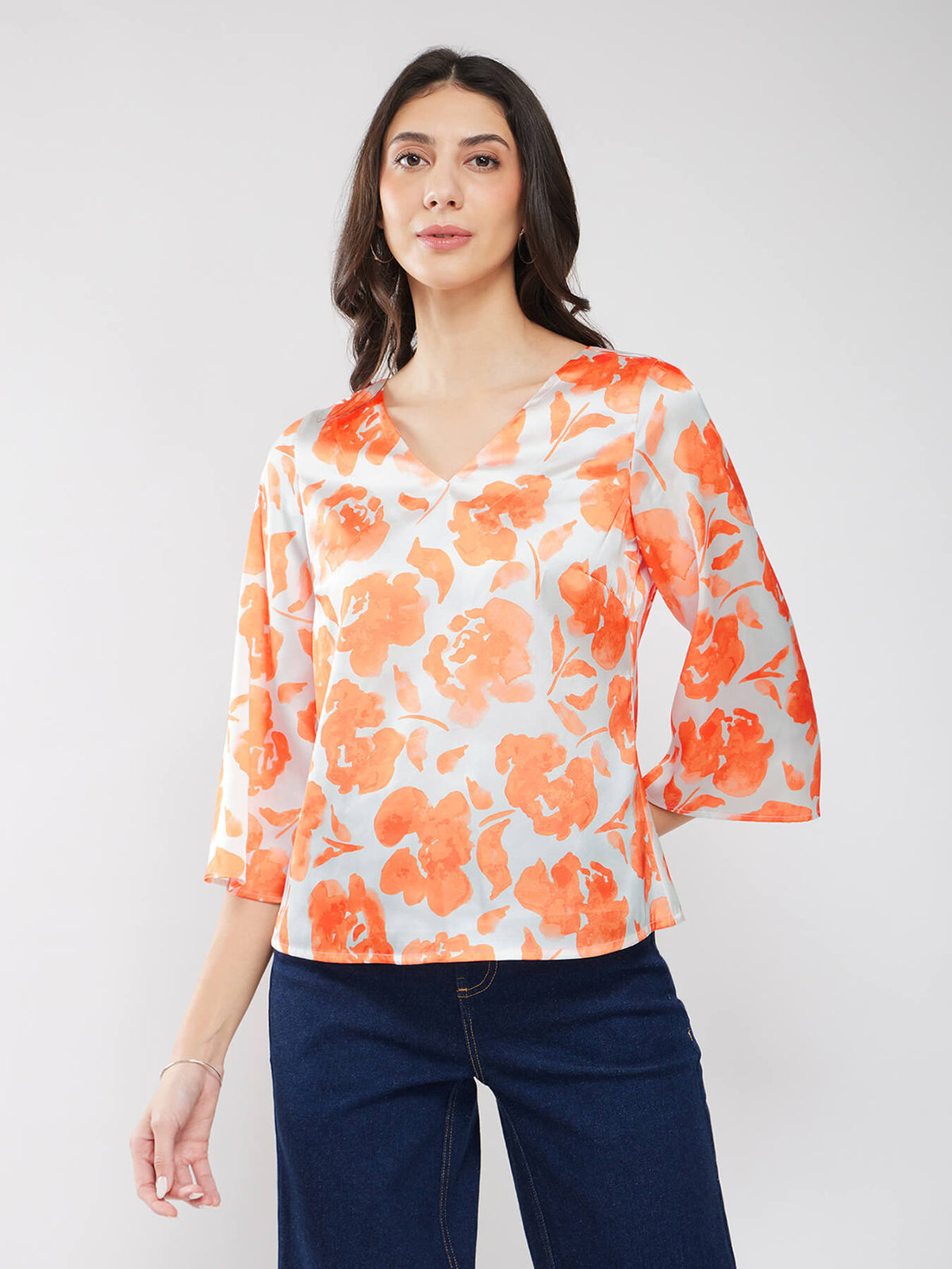 Satin Floral Print Top - Orange And Off White