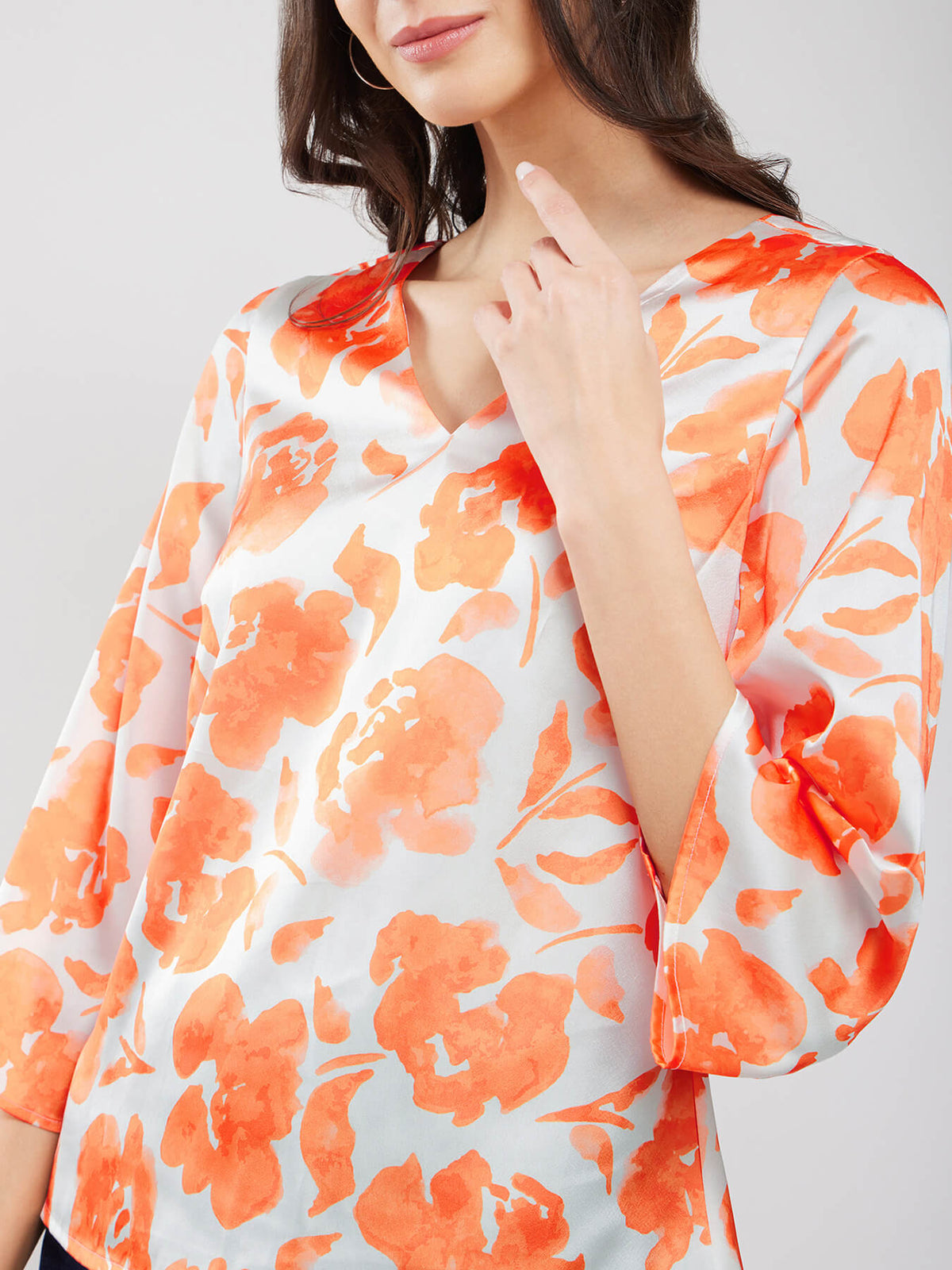 Satin Floral Print Top - Orange And Off White