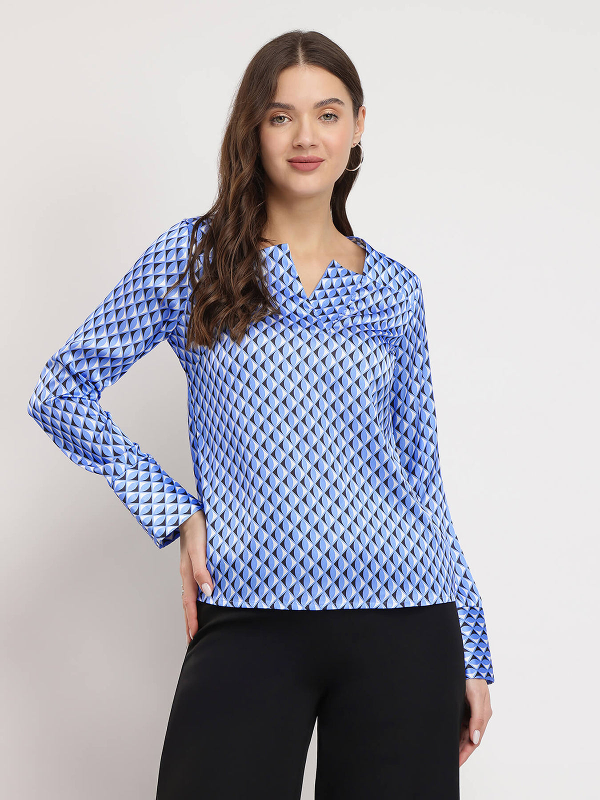 Stretchable Satin Geometric Top - Blue