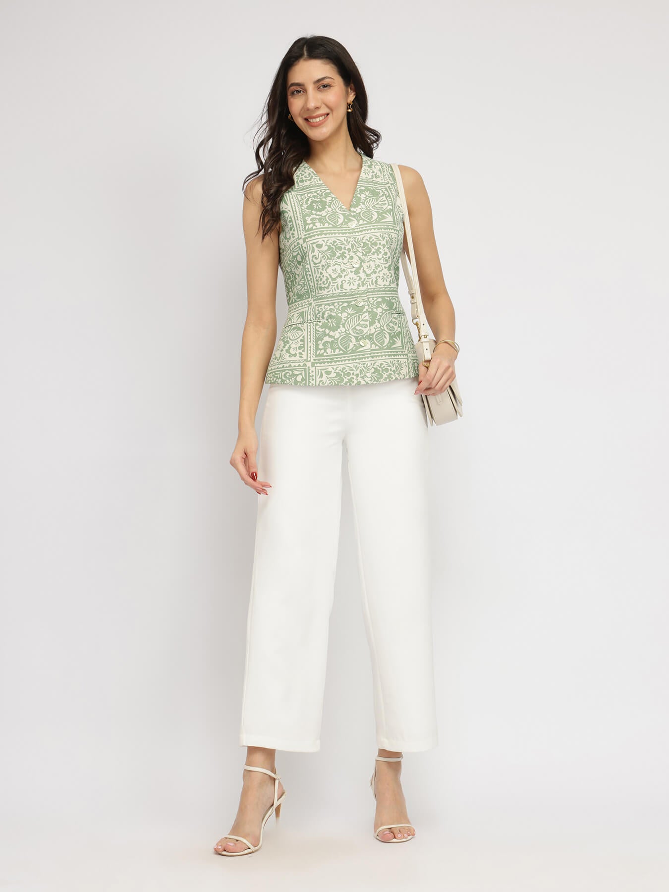 Linen Blend Floral Waistcoat - White