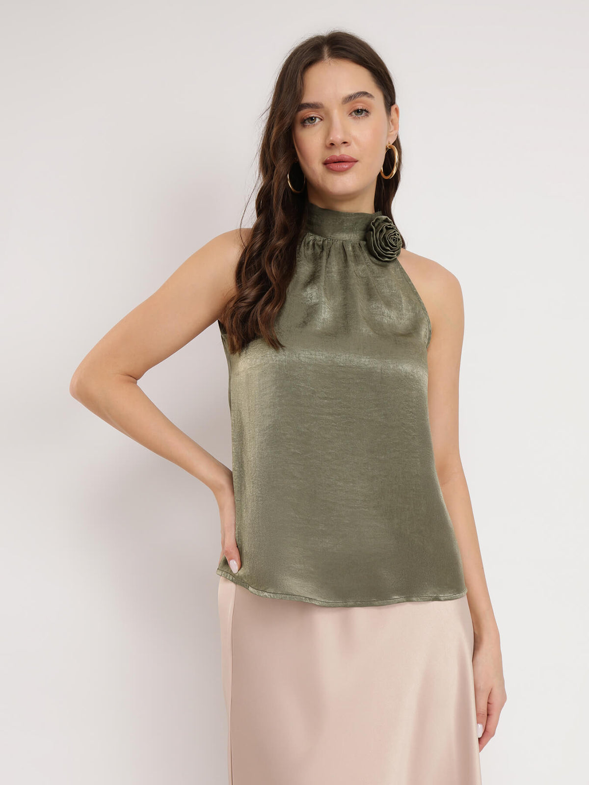 Satin Halter Neck Top - Olive