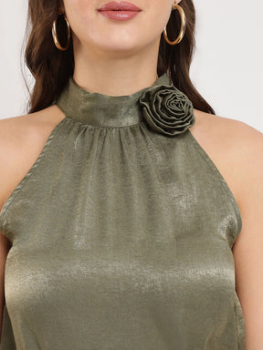 Satin Halter Neck Top - Olive