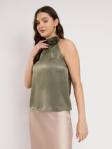 Satin Halter Neck Top - Olive