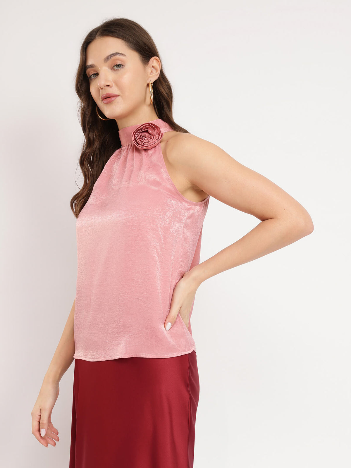 Satin Halter Neck Top - Pink