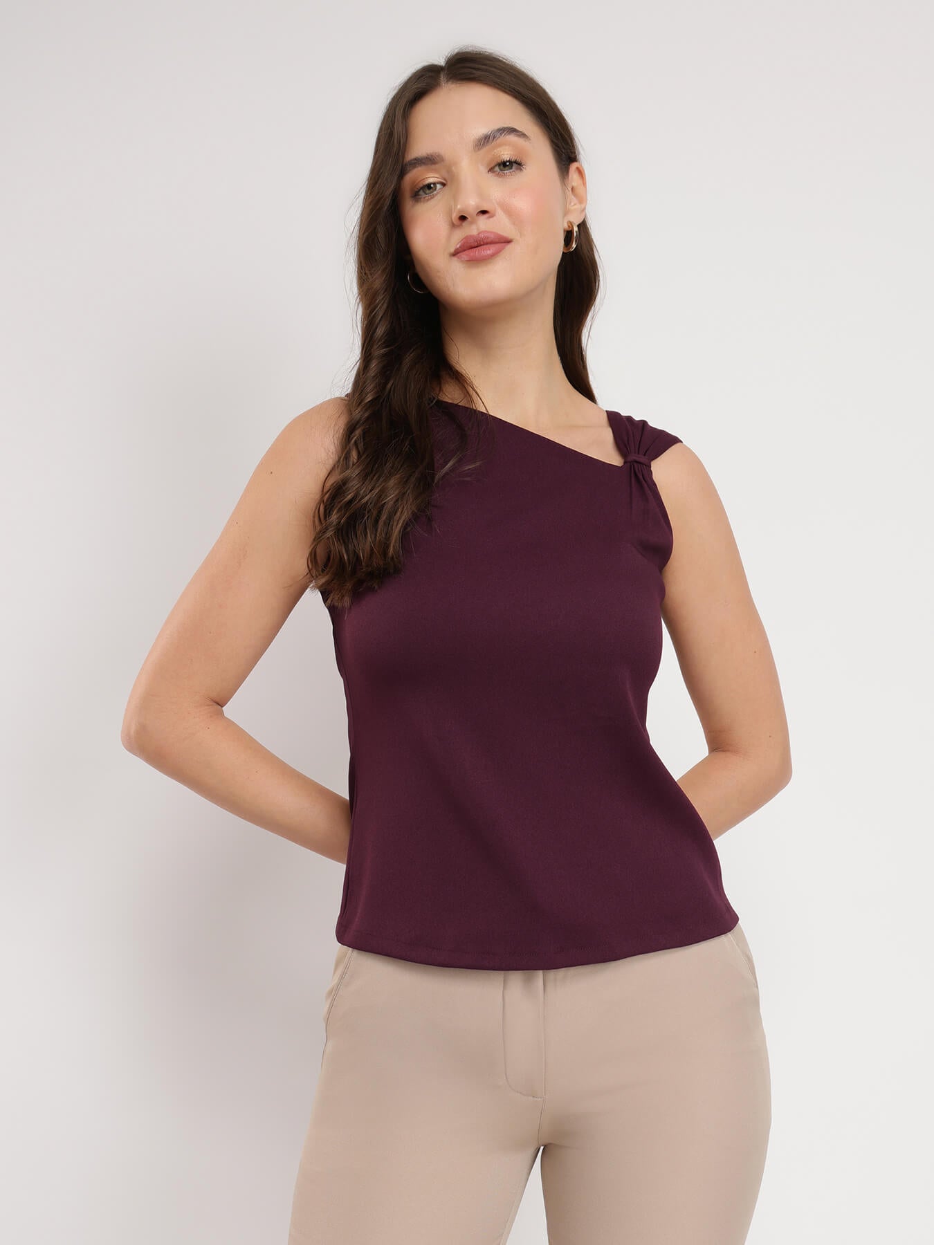 Stretchable Asymmetric Neck Top - Burgundy
