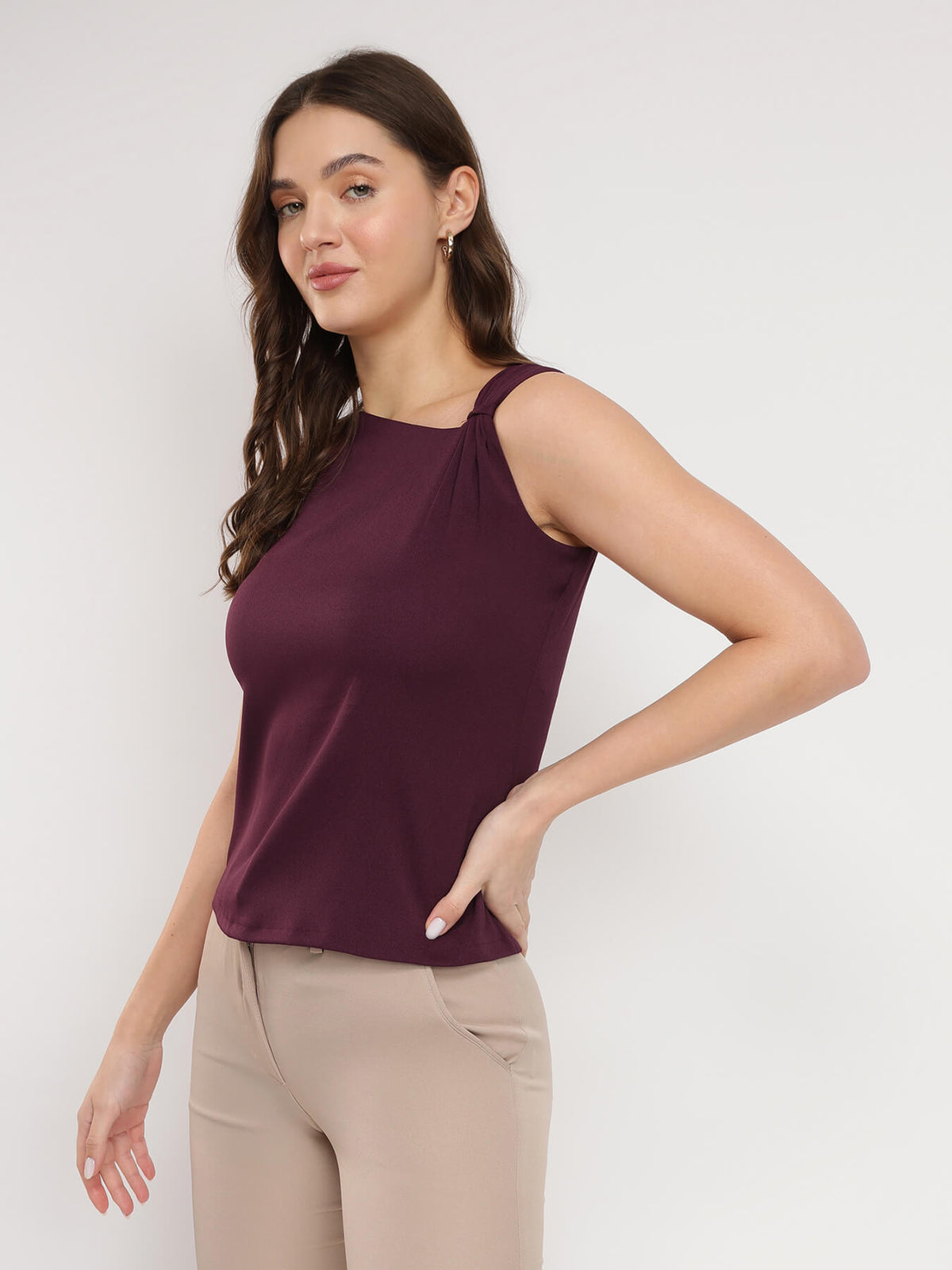Stretchable Asymmetric Neck Top - Burgundy
