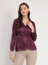 Satin Floral Wrap Top - Burgundy