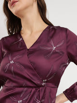 Satin Floral Wrap Top - Burgundy