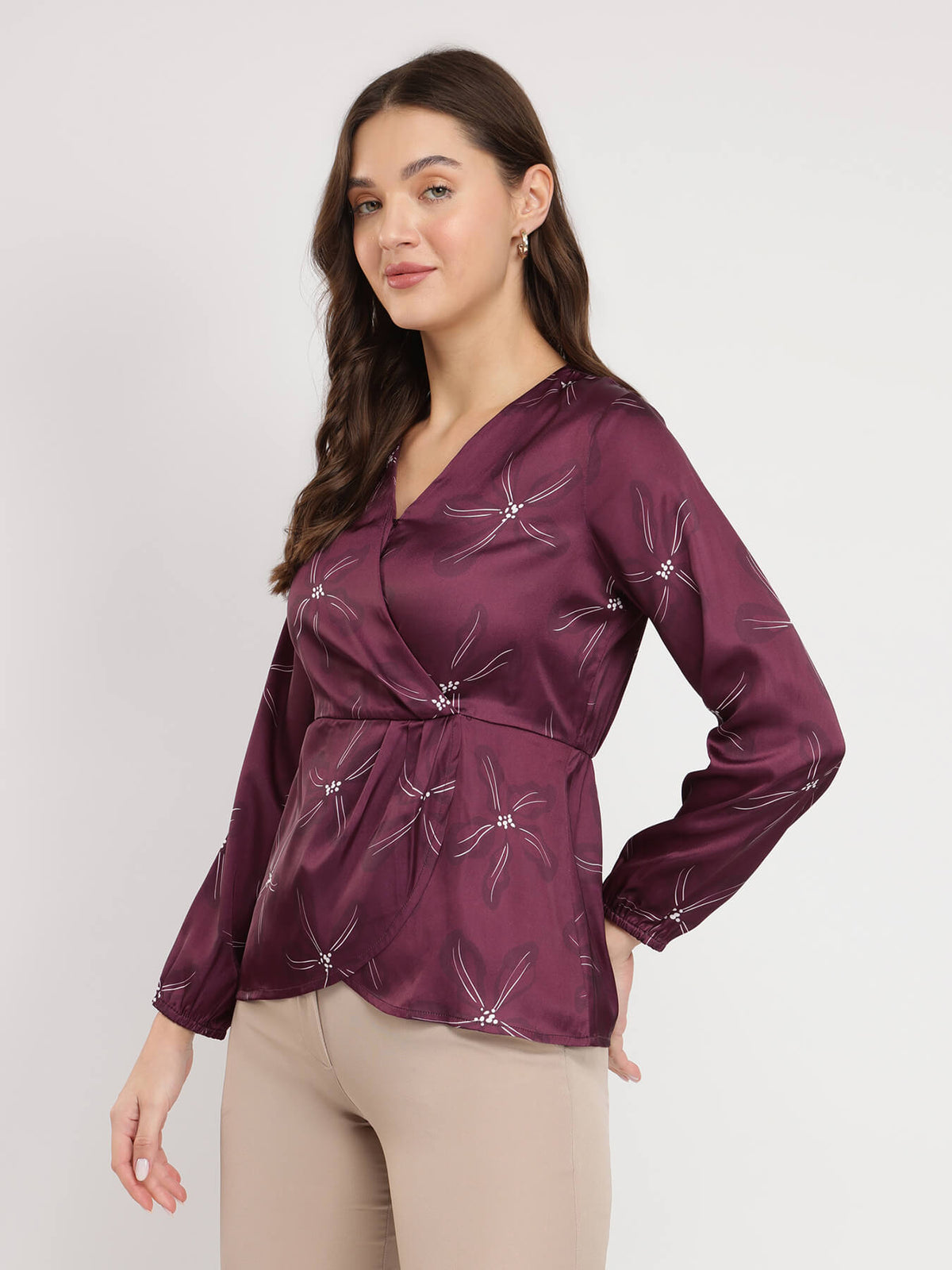 Satin Floral Wrap Top - Burgundy