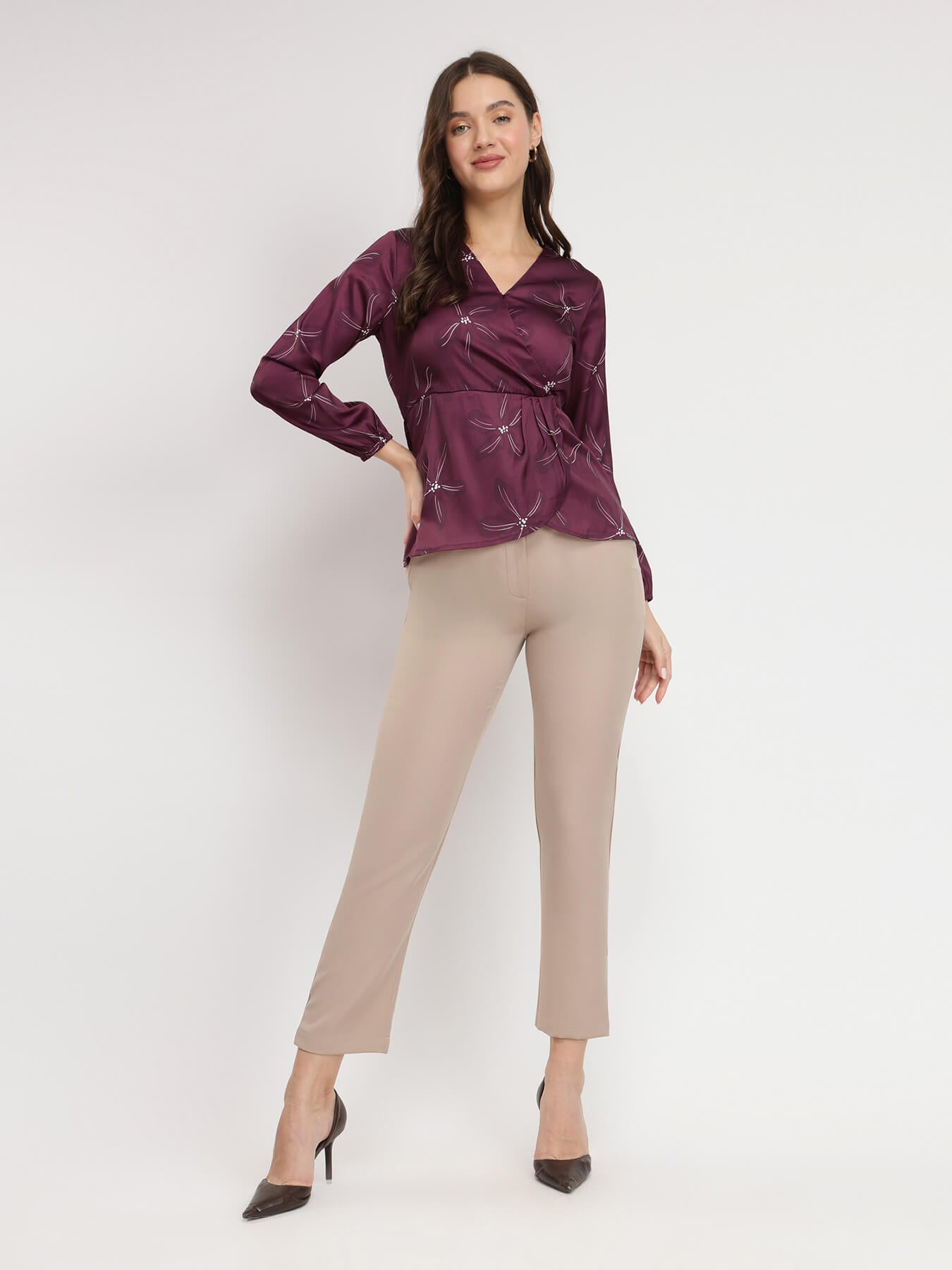 Satin Floral Wrap Top - Burgundy