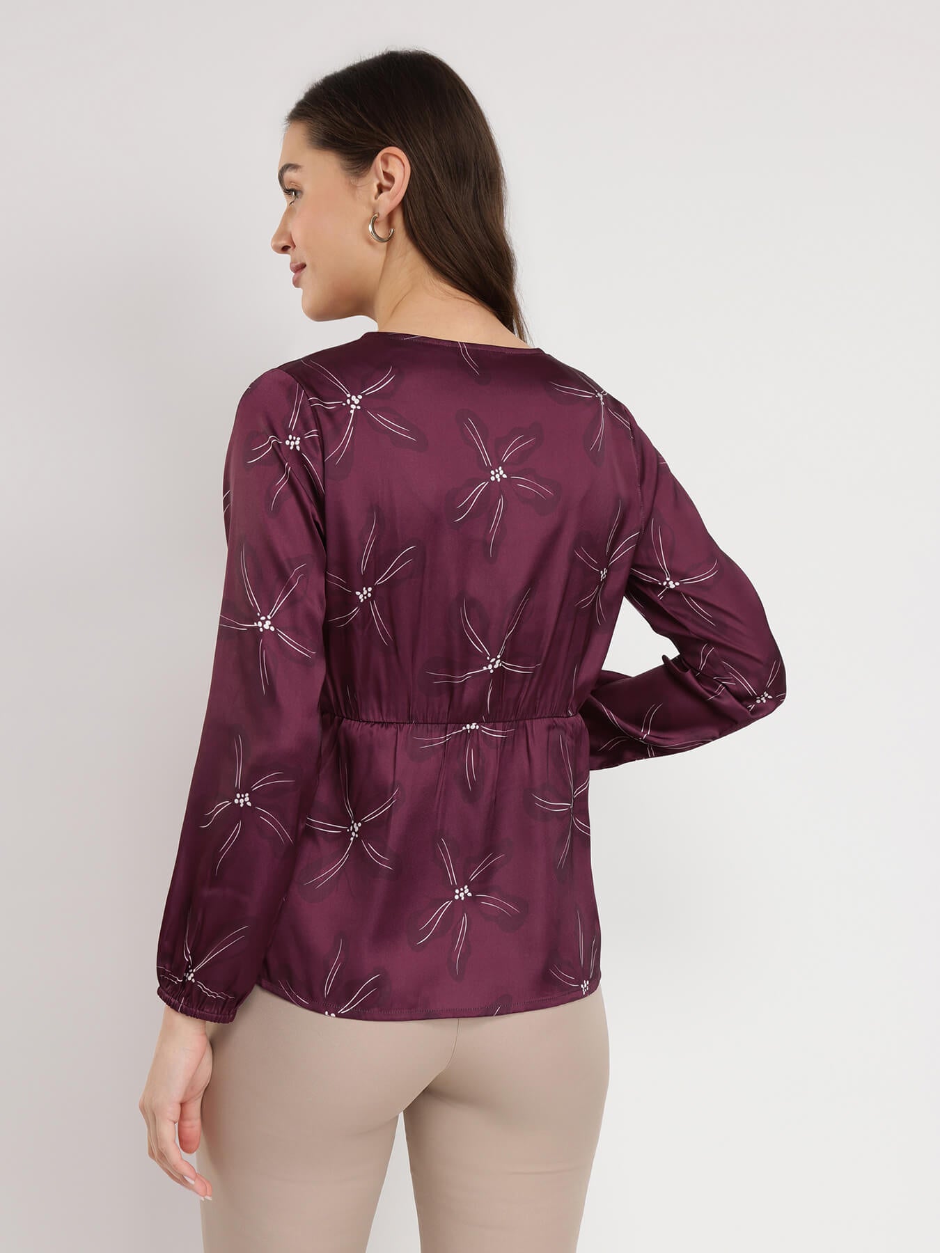 Satin Floral Wrap Top - Burgundy