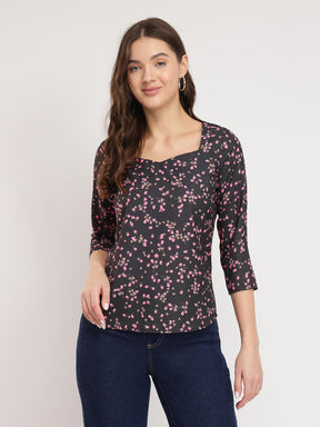 Sweetheart Neck Ditsy Top - Black