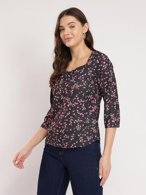 Sweetheart Neck Ditsy Top - Black