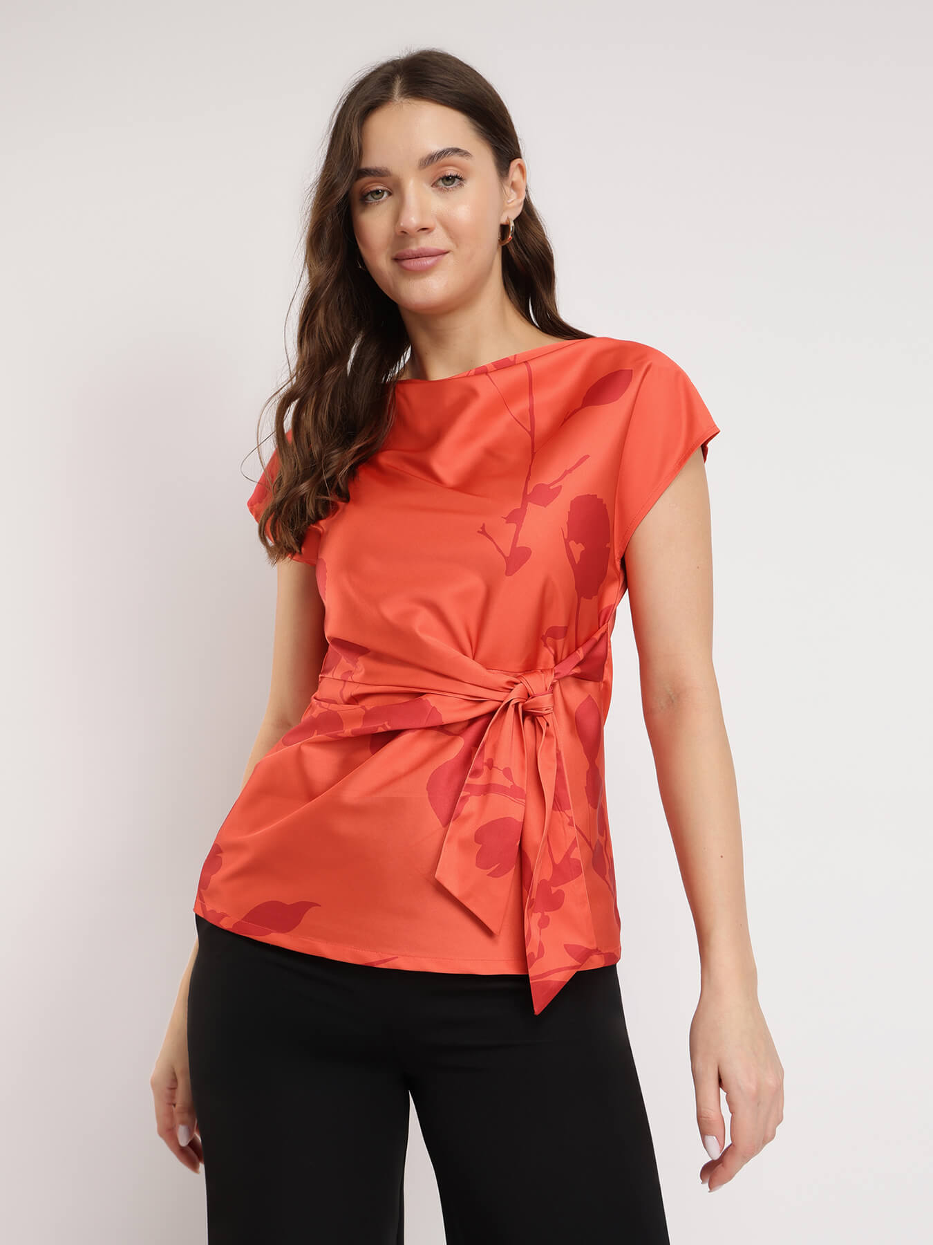 Stretchable Satin Tie Up Top - Orange