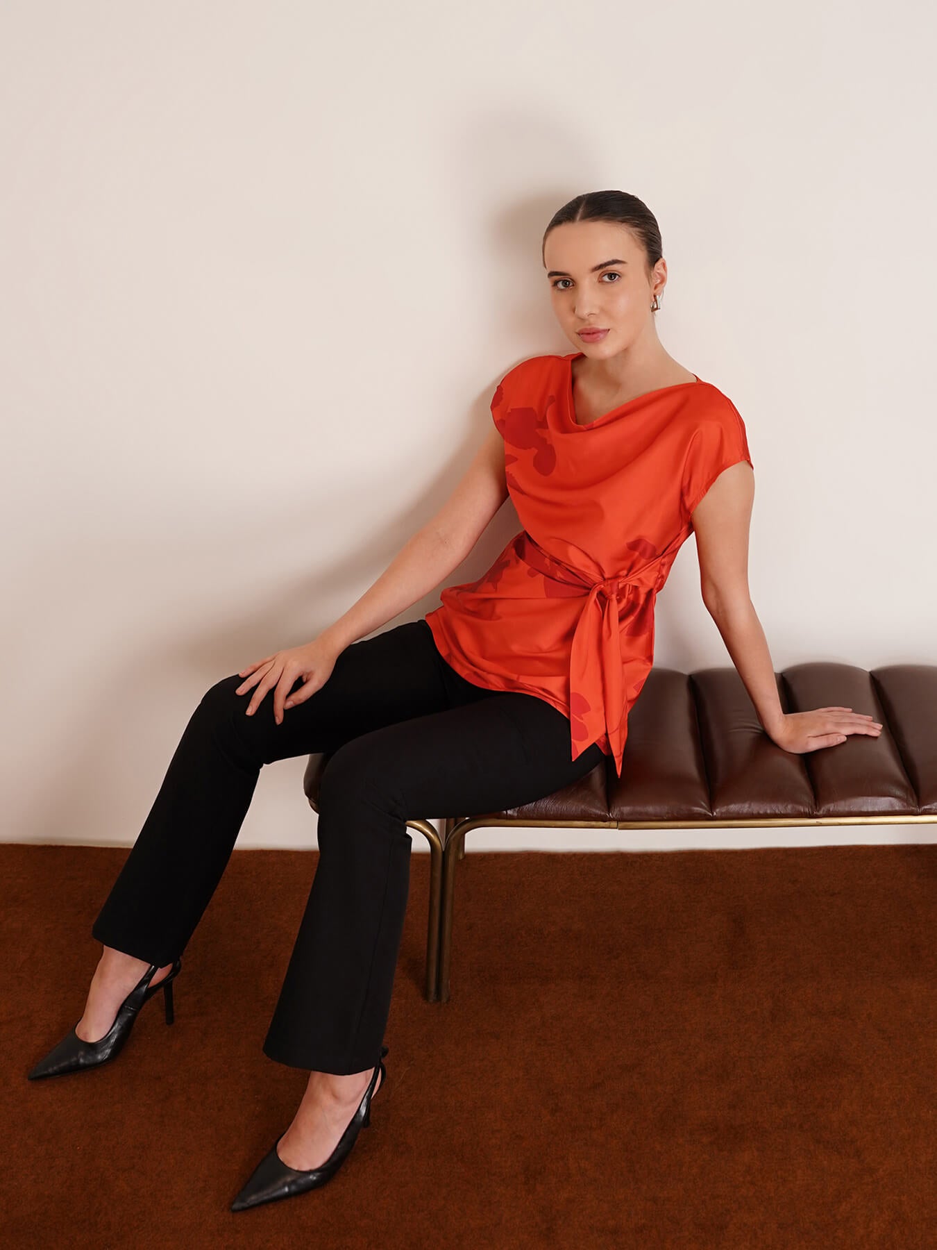 Stretchable Satin Tie Up Top - Orange