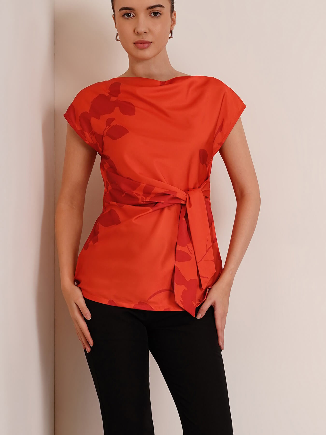 Stretchable Satin Tie Up Top - Orange