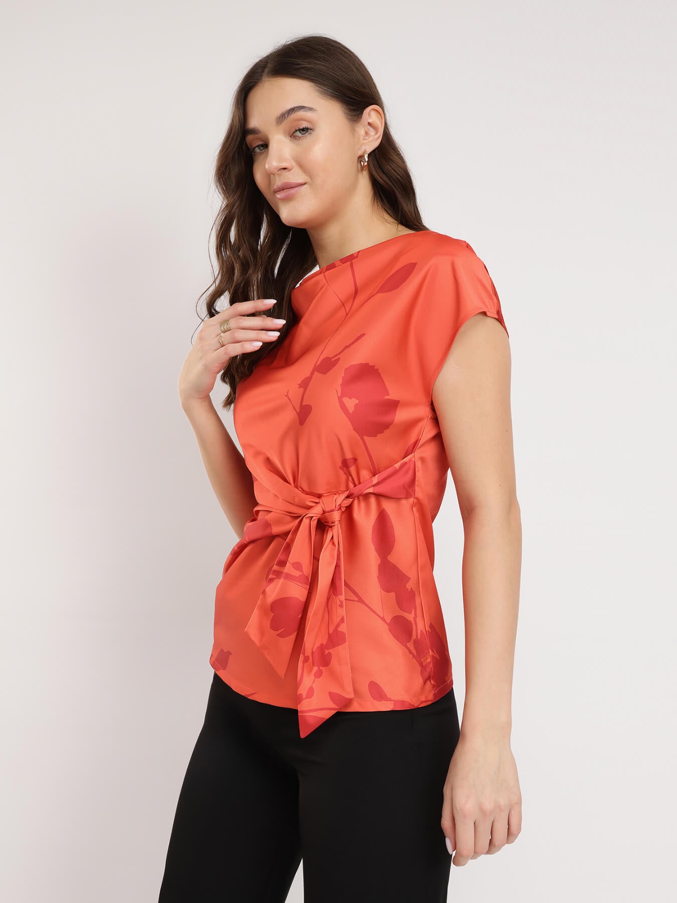 Stretchable Satin Tie Up Top - Orange