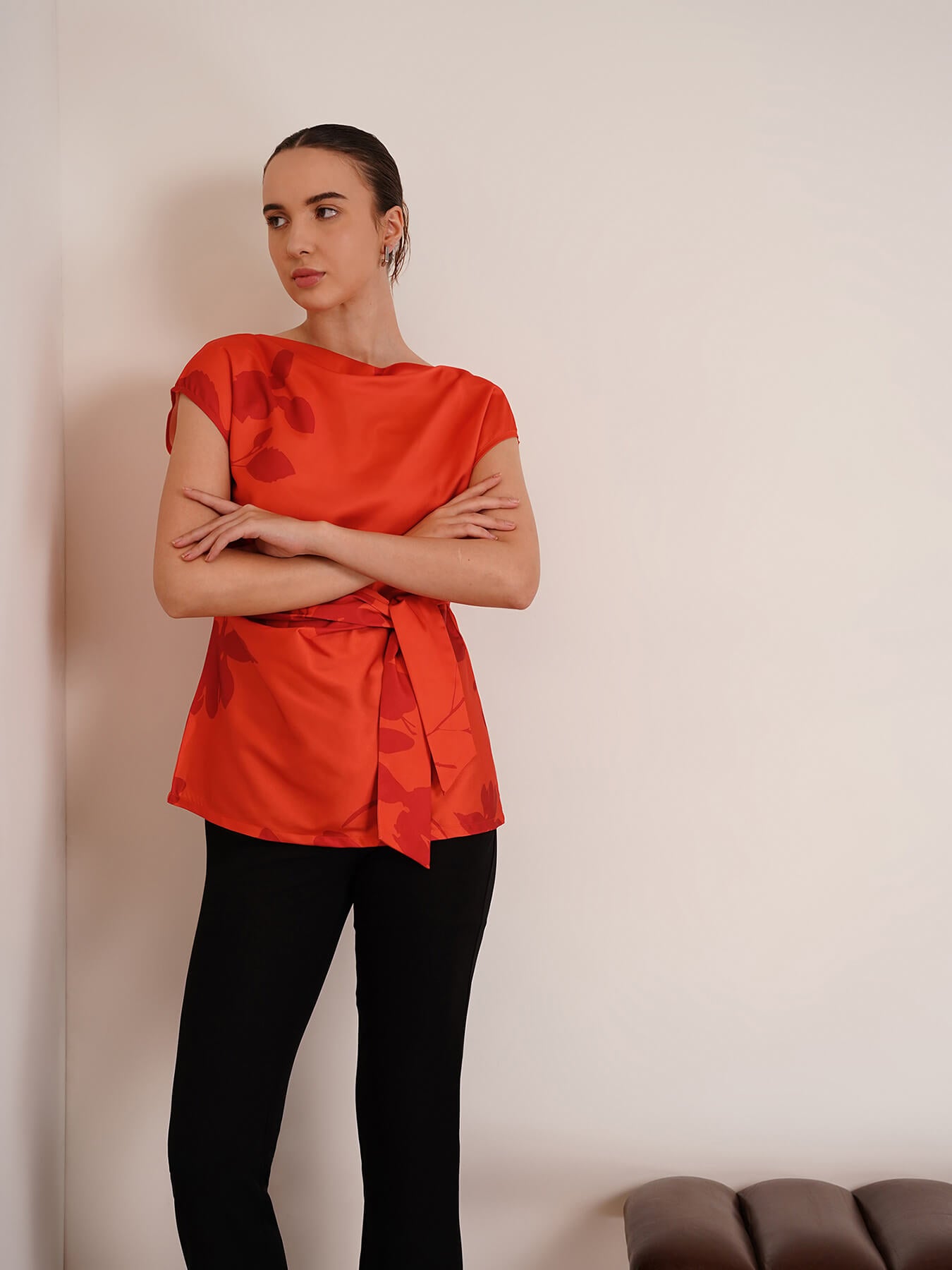 Stretchable Satin Tie Up Top - Orange