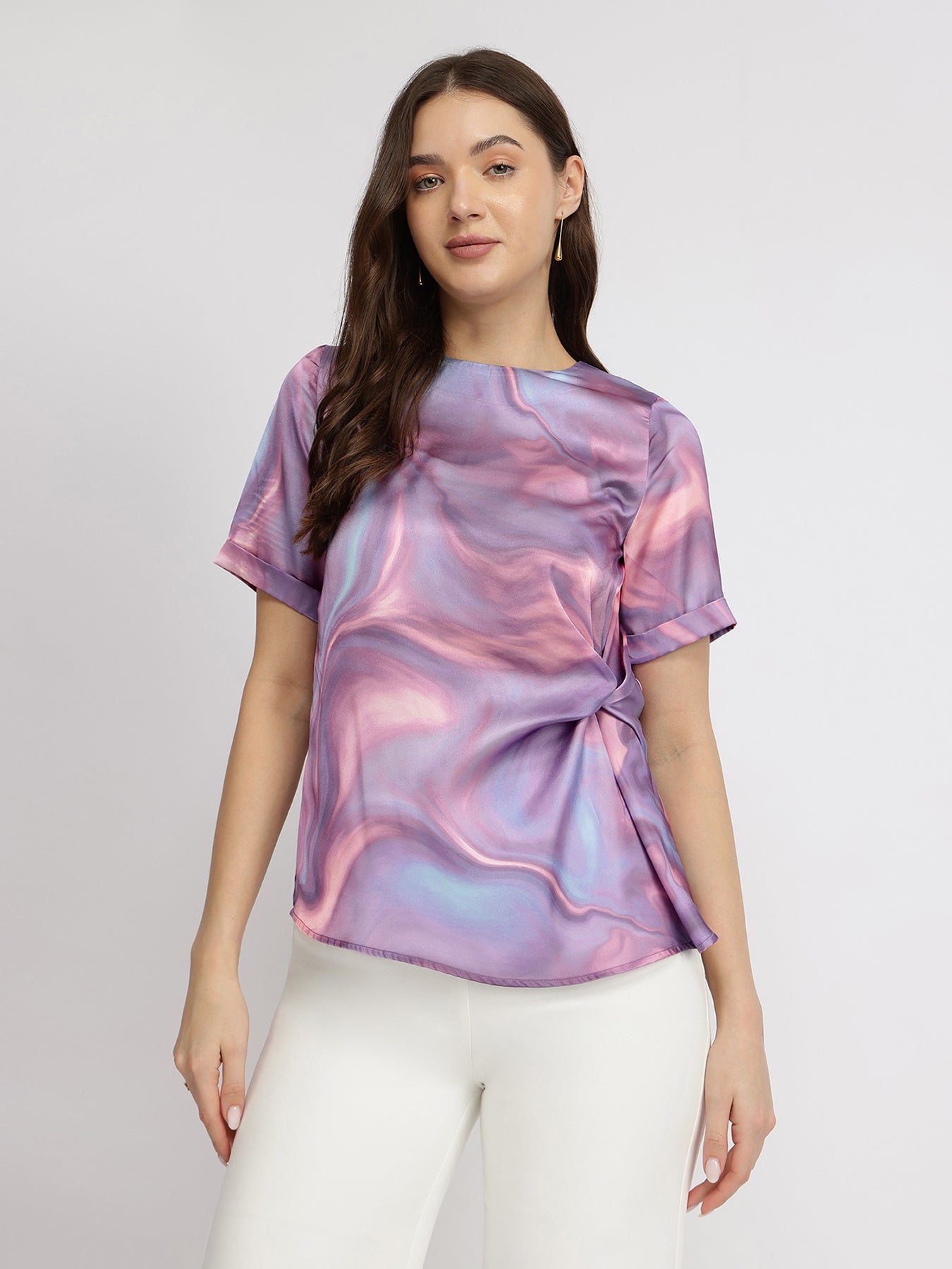 Satin Marble Print Top - Lavender