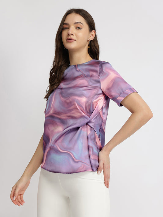 Satin Marble Print Top - Lavender
