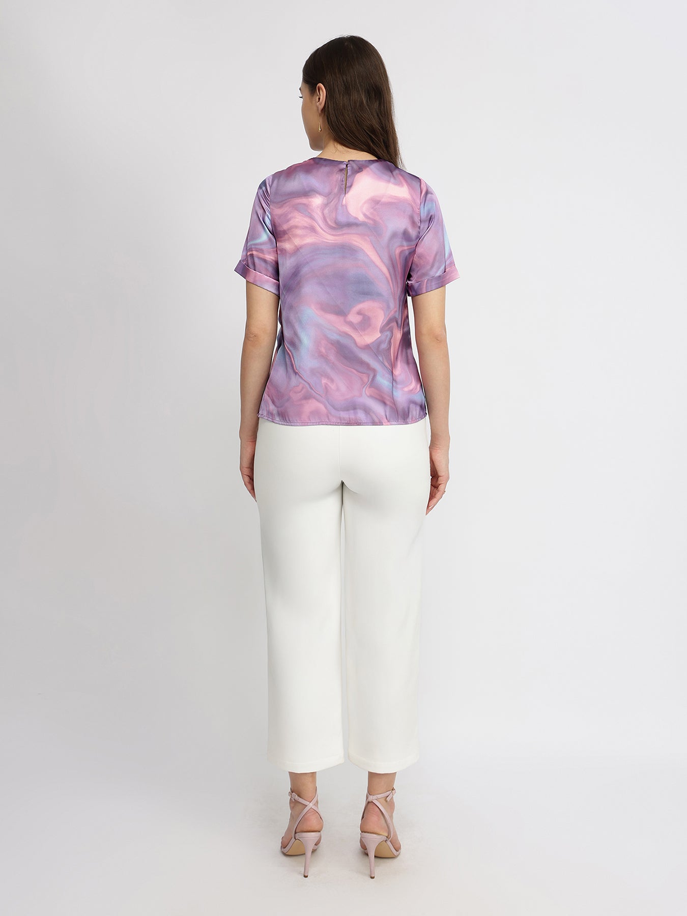 Satin Marble Print Top - Lavender