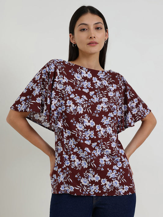 Floral Boat Neck Top - Maroon