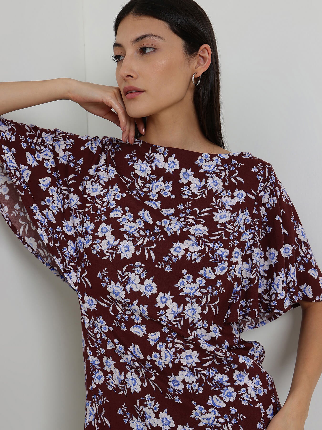 Floral Boat Neck Top - Maroon
