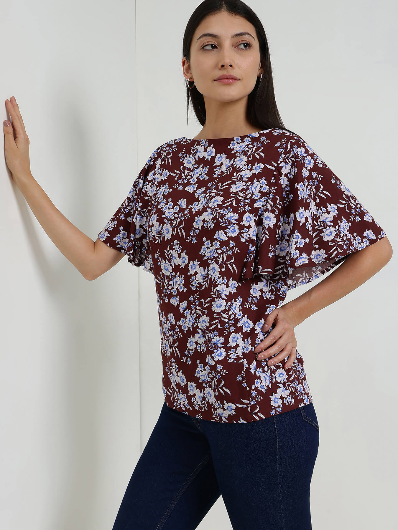 Floral Boat Neck Top - Maroon