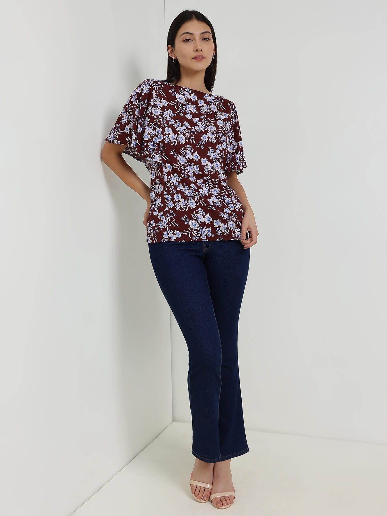 Floral Boat Neck Top - Maroon
