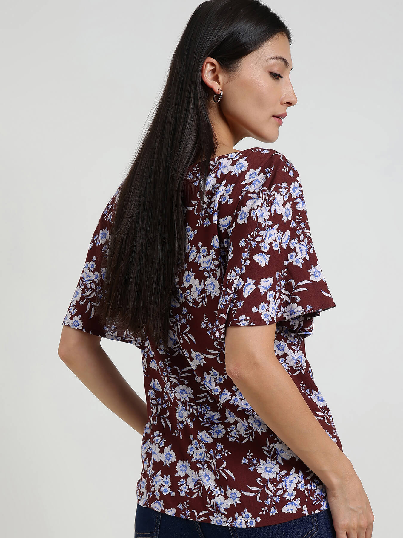Floral Boat Neck Top - Maroon