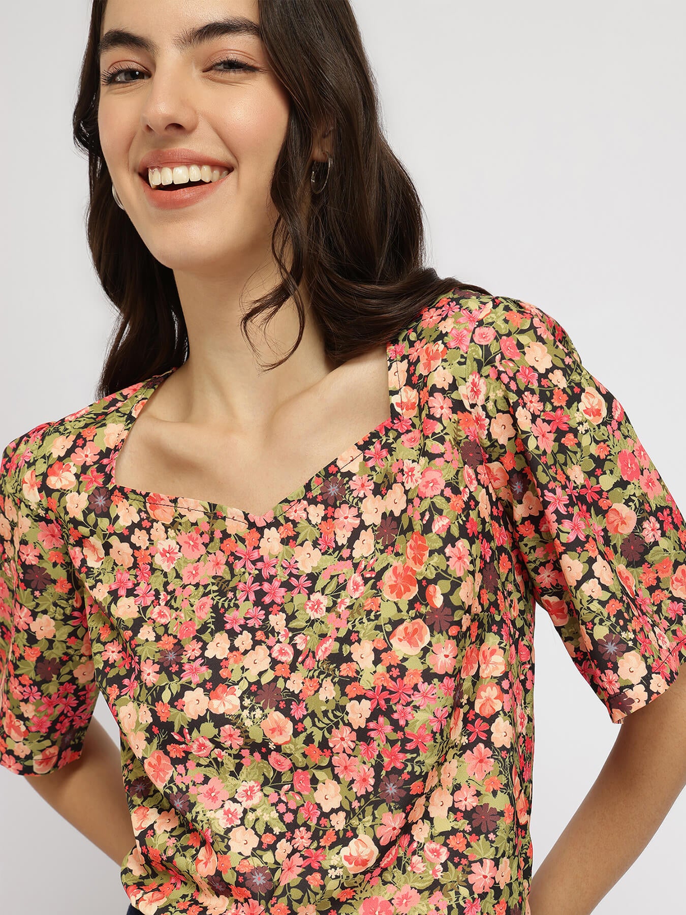 Floral Sweetheart Neck Top - Multicolour