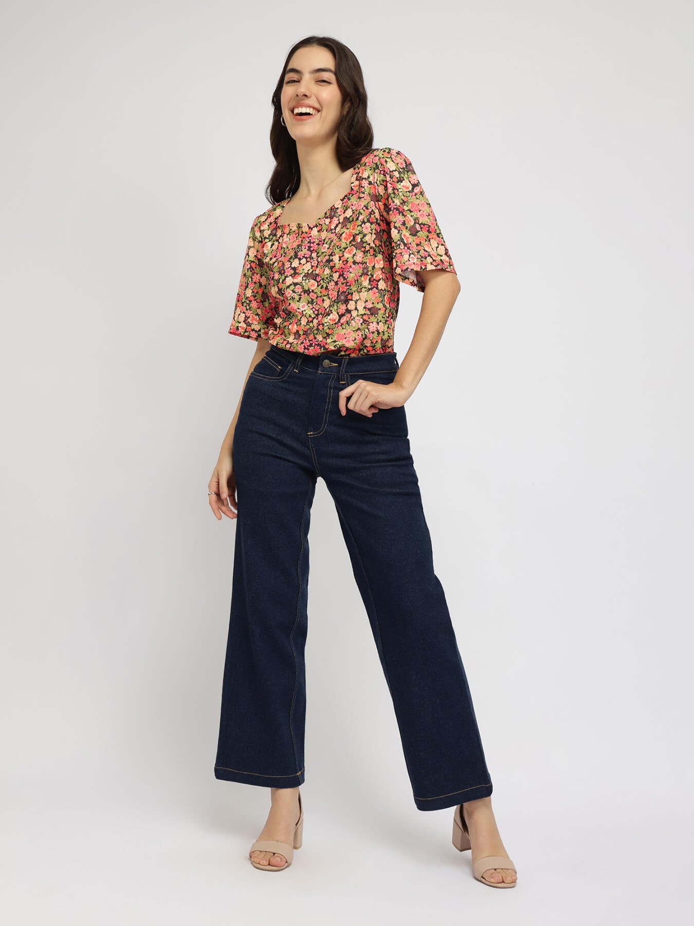 Floral Sweetheart Neck Top - Multicolour