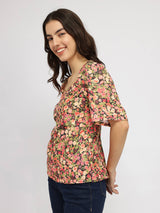 Floral Sweetheart Neck Top - Multicolour