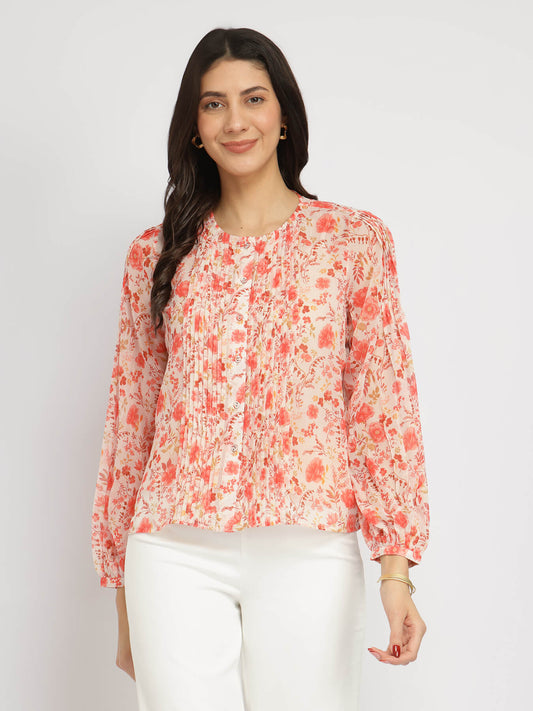 Floral Gathered Sleeves Top - Orange