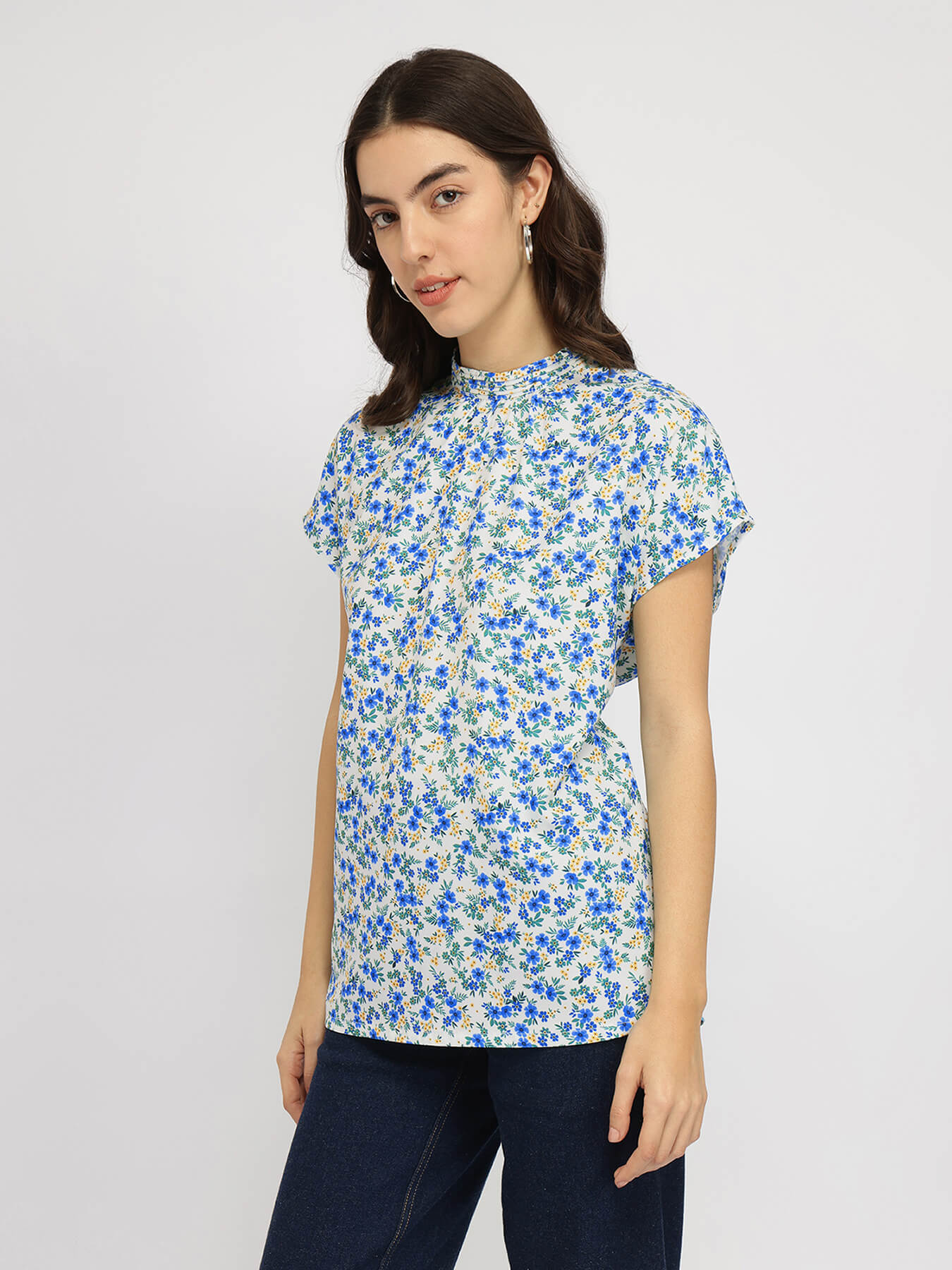 Floral Drop Shoulder Top - Blue